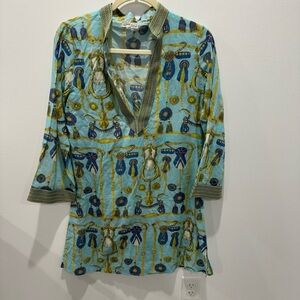 DEBBIE KATZ SOUTH BEACH Tunic Top Blue Horse Print Dress Swim Cover‎ Small Aztec